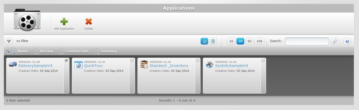 Applications Page selected app
