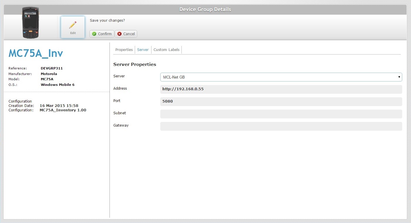 Device Group Details Page Server tab EditX