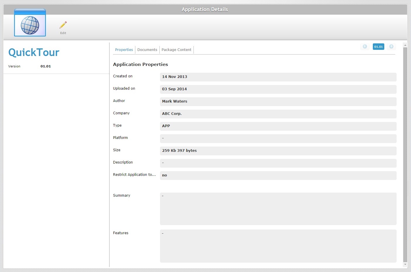 Application Details Page Prop Tab View