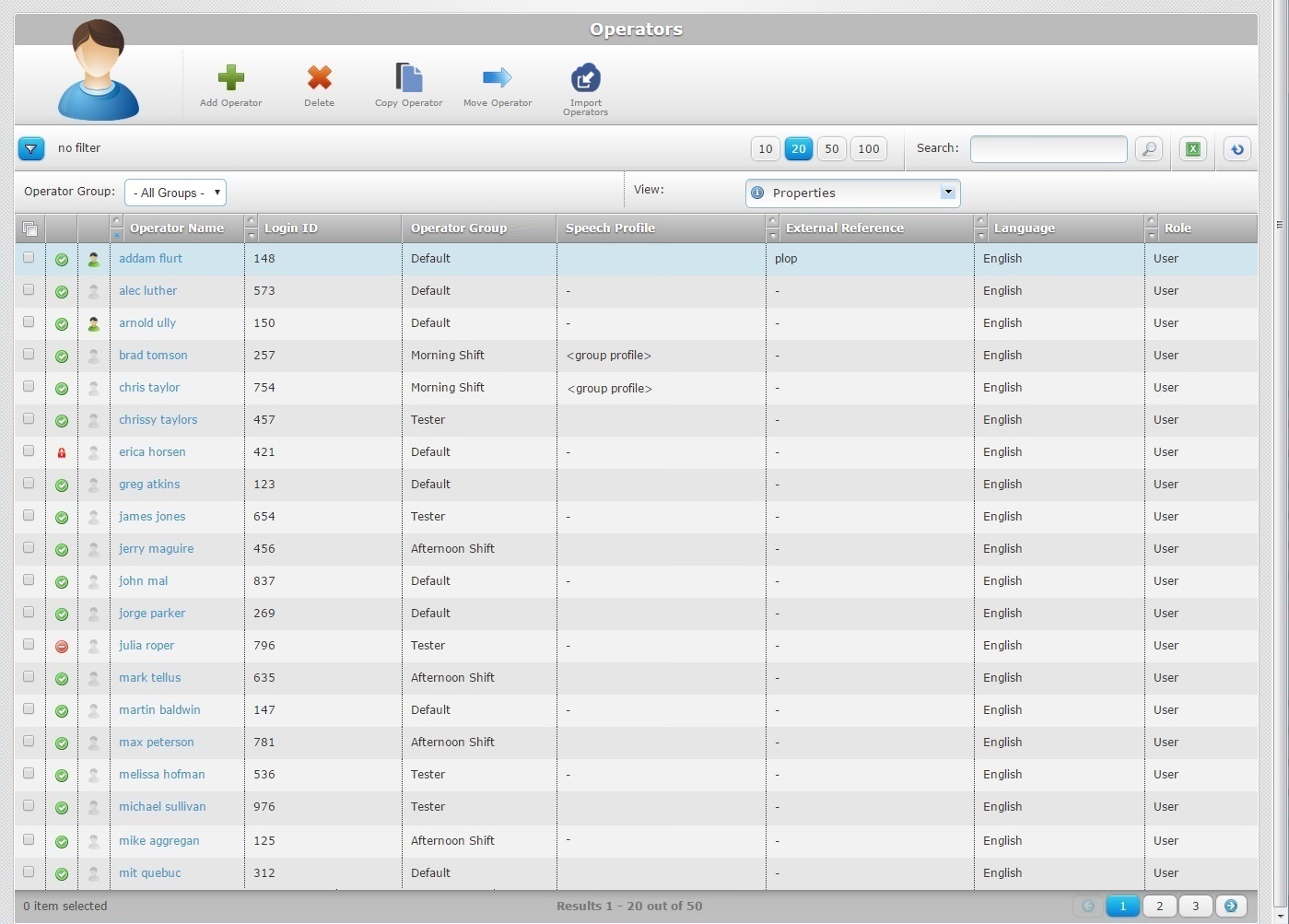 Operators Page Properties View