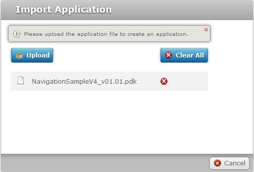 Import Application window Upload