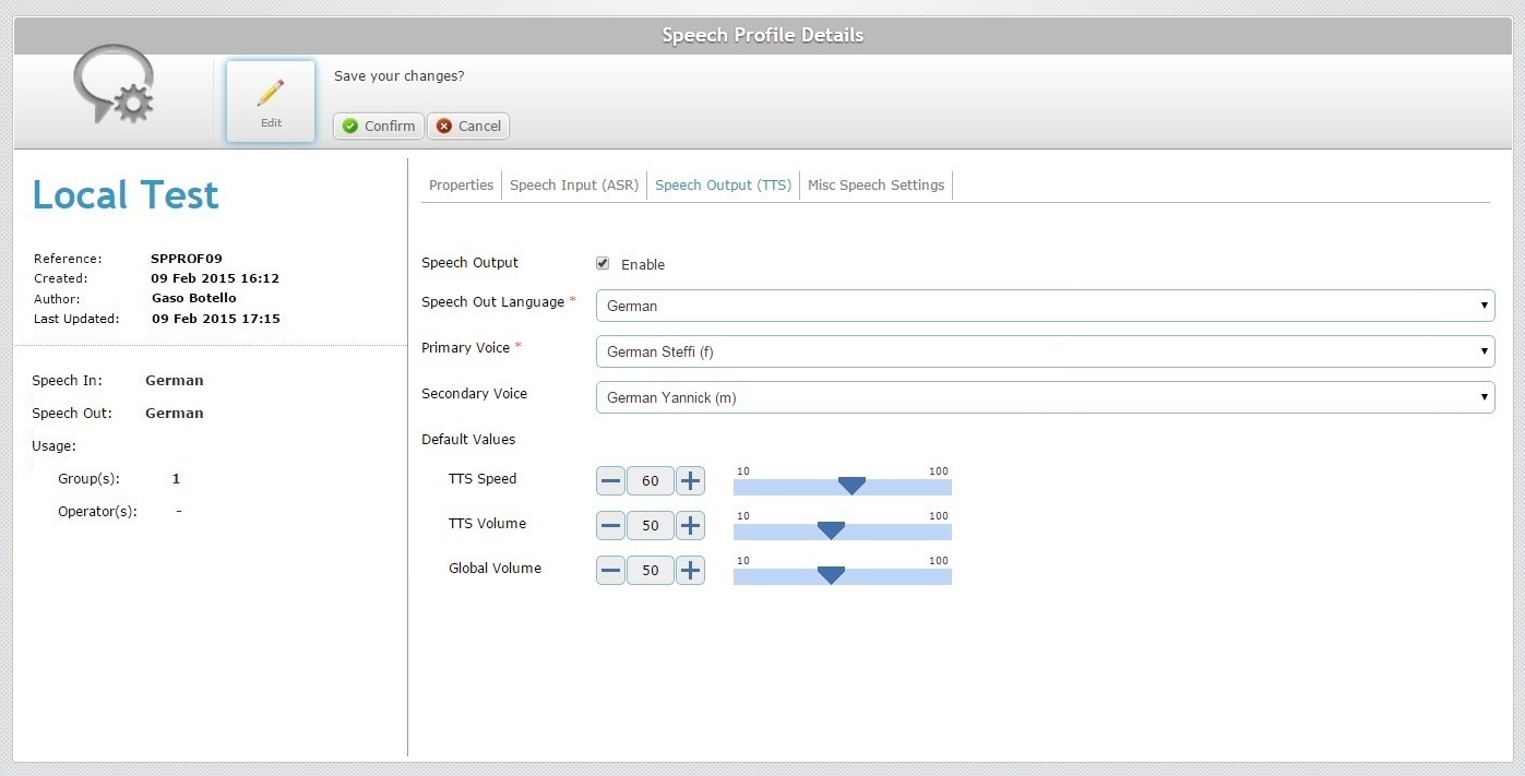 SD Speech Profile Details Speech Output Tab Edit Mode