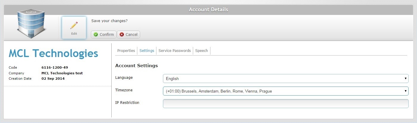 Account Details Sett tab Edit