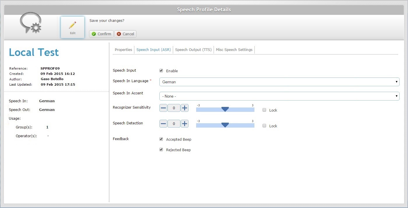 SD Speech Profile Details Speech Input Tab Edit Mode