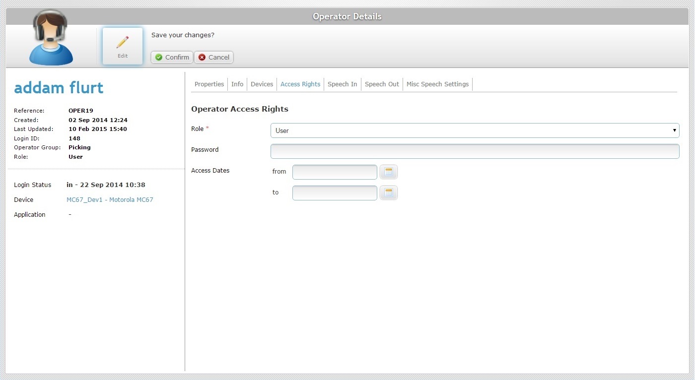 Operator Details Page Access Rights Tab Edit