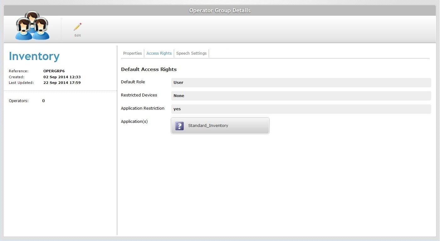 Operator Group Details Page Access Rights Tab