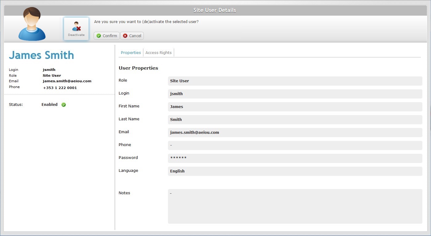 Site User Details Page Status Change Confirmation