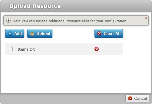 Upload Resource to Configuration window
