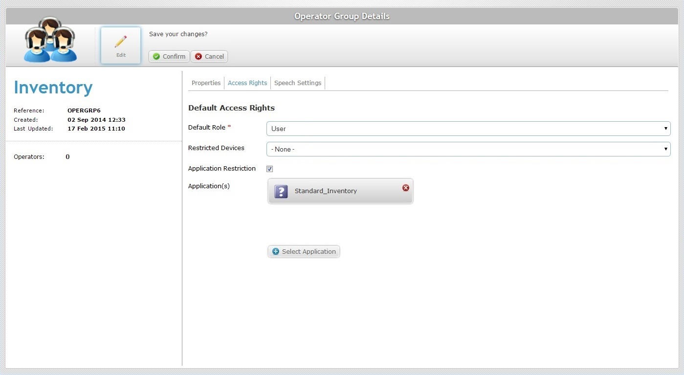 Operator Group Details Page Access Rights Tab Edit