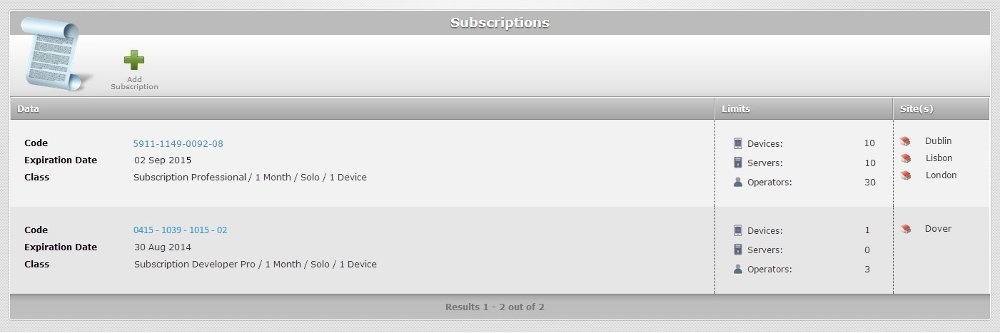 Subscriptions Page Add Subscription Result