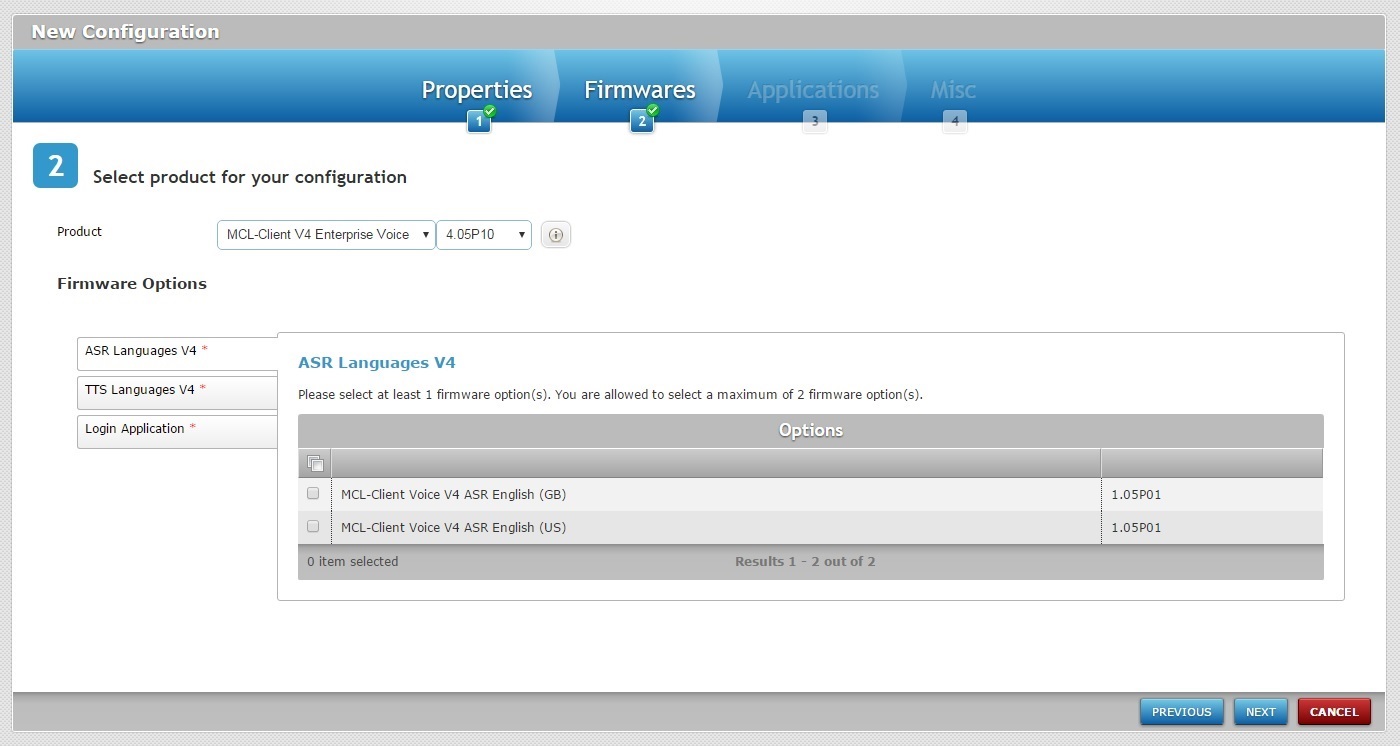 new Configuration Step 2 Firmware Options
