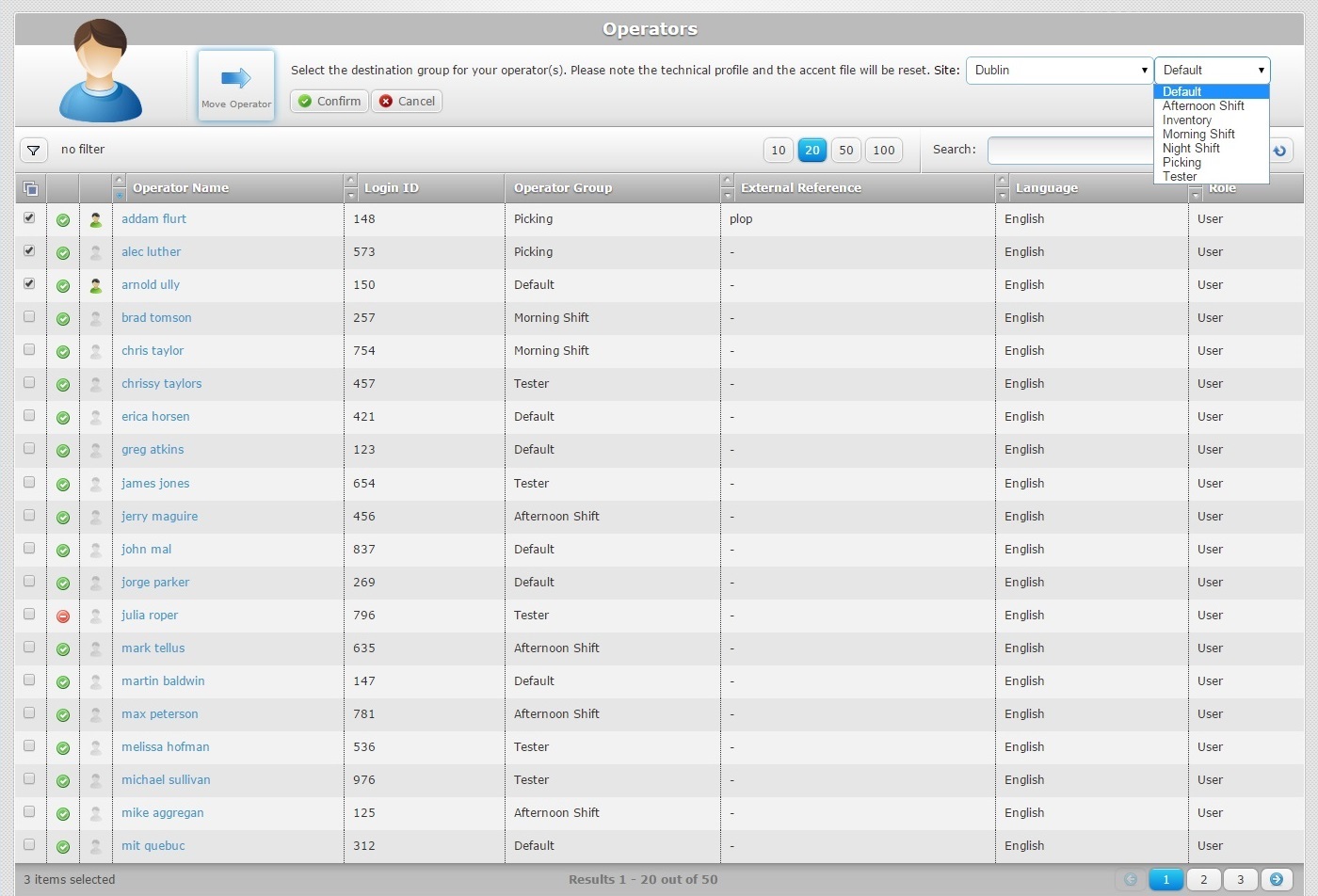 Operators Page Move Operator Confirmation