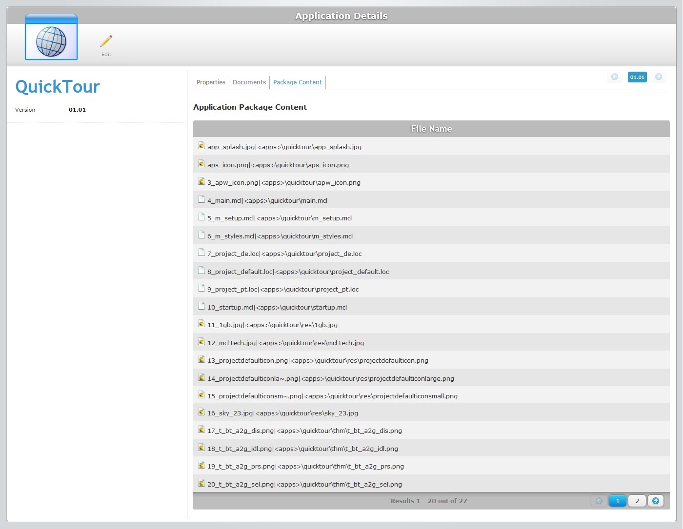 Application Details Page Pack Content Tab View