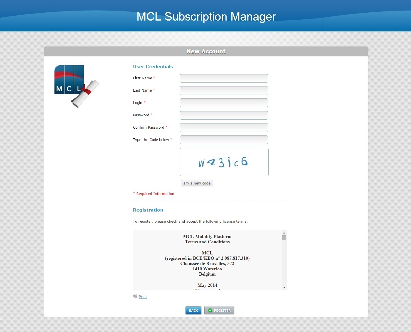 MCL Subscription Manager new account2