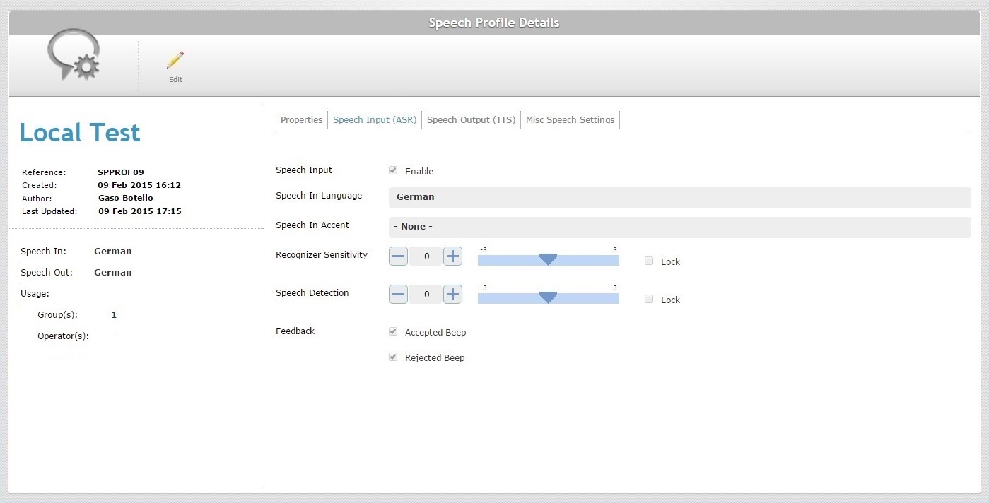 SD Speech Profile Details Speech Input Tab View Mode