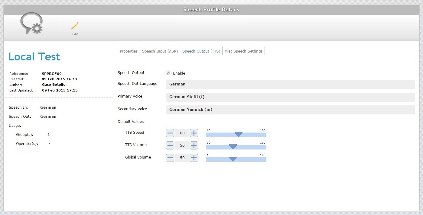 SD Speech Profile Details Speech Output Tab View Mode