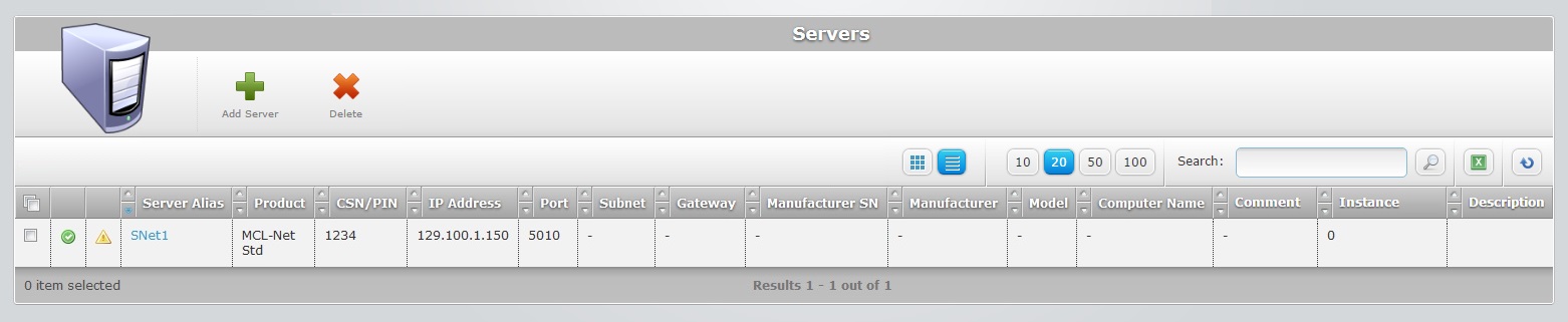 Servers page List View