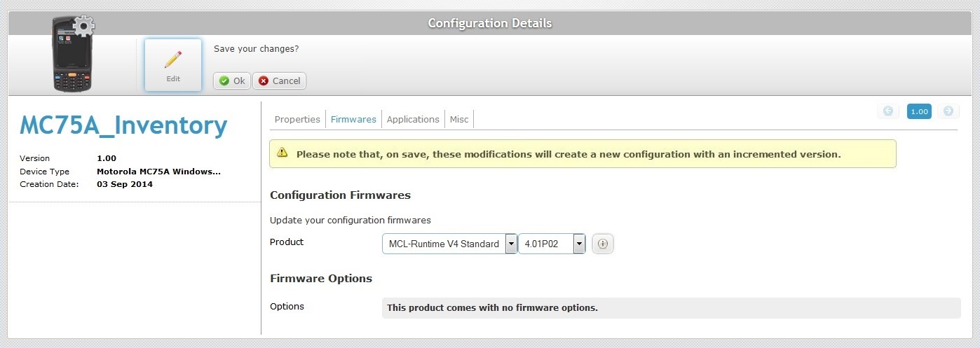 Configuration Details Firmwares tab edit