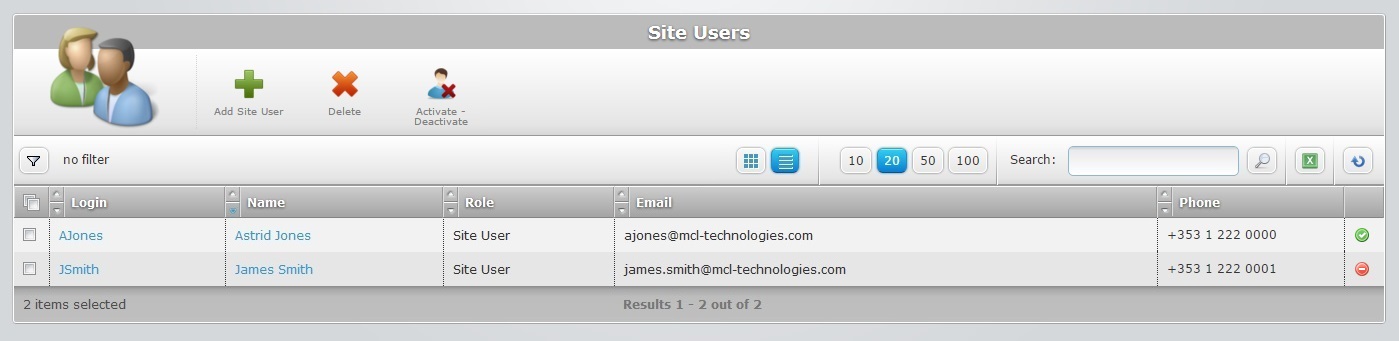 Site Users Page List View