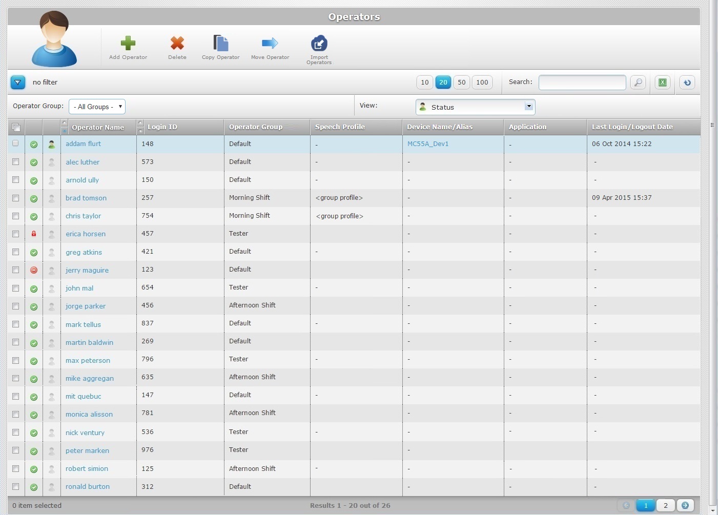 Operators Page Status View