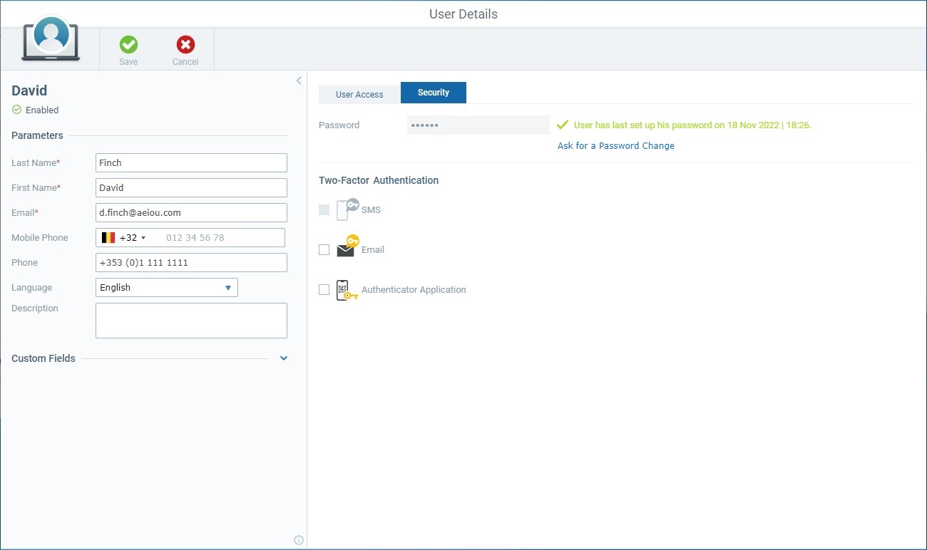 User Details Page Security tab Edit