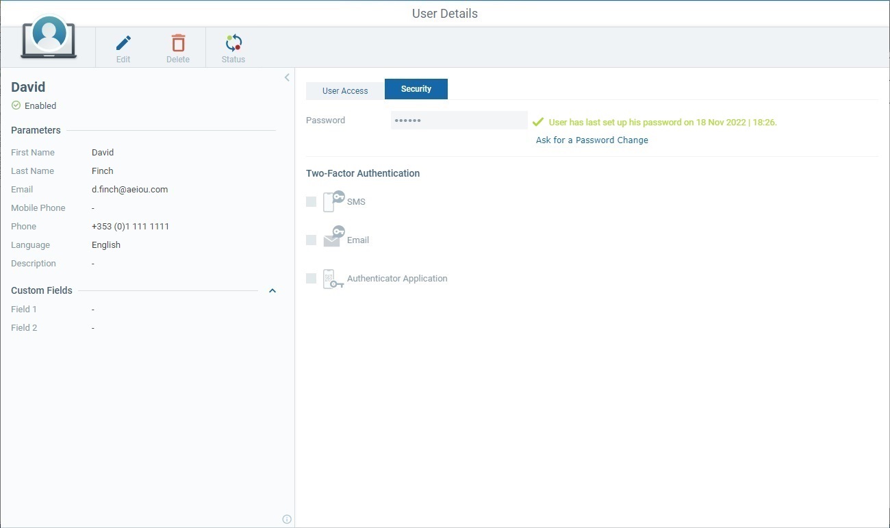 User Details Page Security tab View Mode