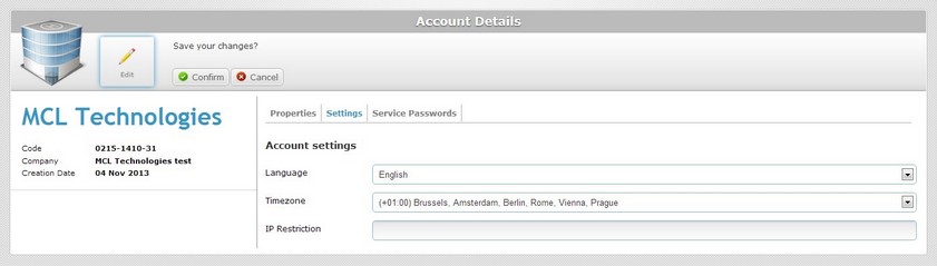 Account Details Sett tab Edit